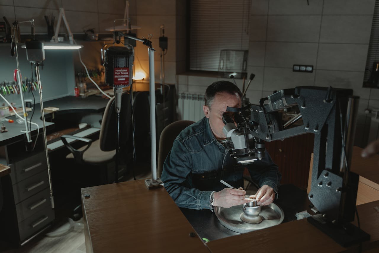 Jeweler focusing on intricate work using a microscope in a dimly lit workspace.